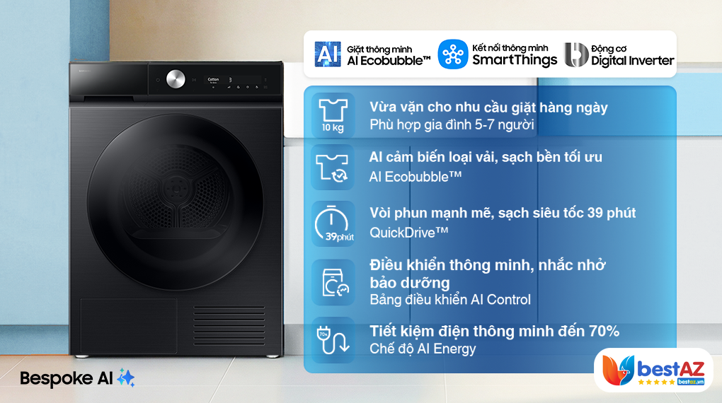 Cách sử dụng máy giặt Samsung Bespoke AI EcoBubble Inverter 10 kg WW10DB7U34GBSV